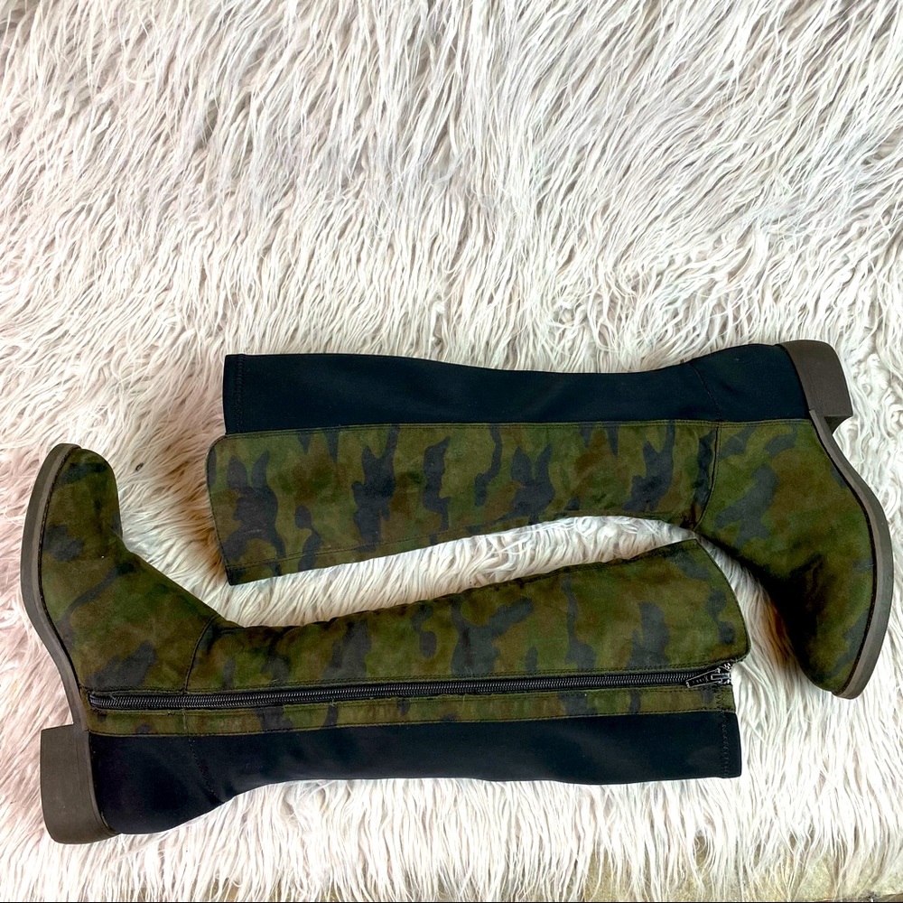 MIA Camila knee high zip up boots, green camo, women’s size 7.